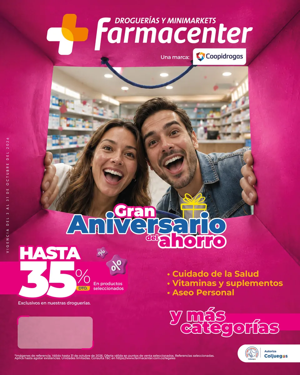 Portada de la separata Gran Aniversario del ahorro: hasta 35% de descuento en productos seleccionados de cuidado de la salud, vitaminas y suplementos y aseo personal. Válido hasta el 31 de octubre de 2026.